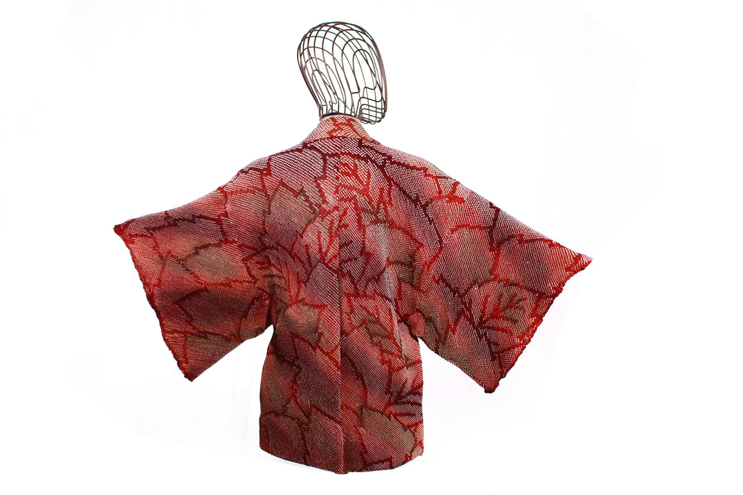 Vintage Red Shibori Haori Jacket with Autumn Maple Leaf Motif