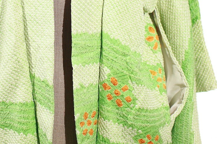 Vintage Lime Green Shibori Haori with Orange Floral Motifs