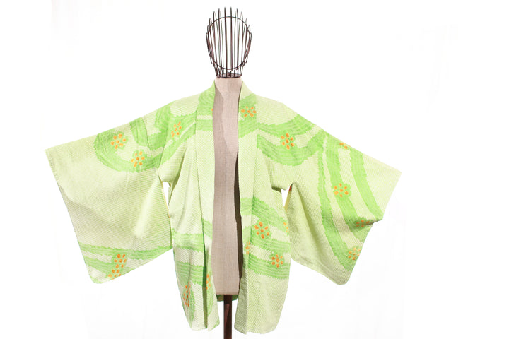 Vintage Lime Green Shibori Haori with Orange Floral Motifs