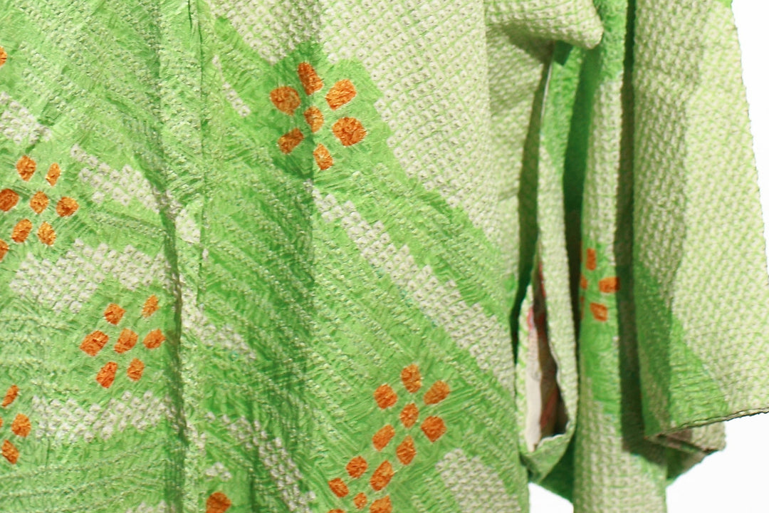 Vintage Lime Green Shibori Haori with Orange Floral Motifs