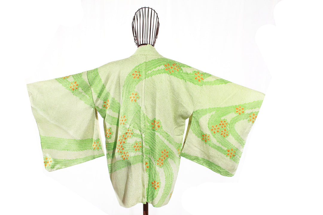 Vintage Lime Green Shibori Haori with Orange Floral Motifs