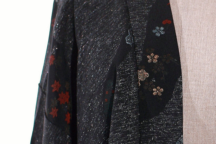 Elegant Vintage Black Silk Kimono Haori Jacket with With Lame' And Urushi Threads Flower Motifs