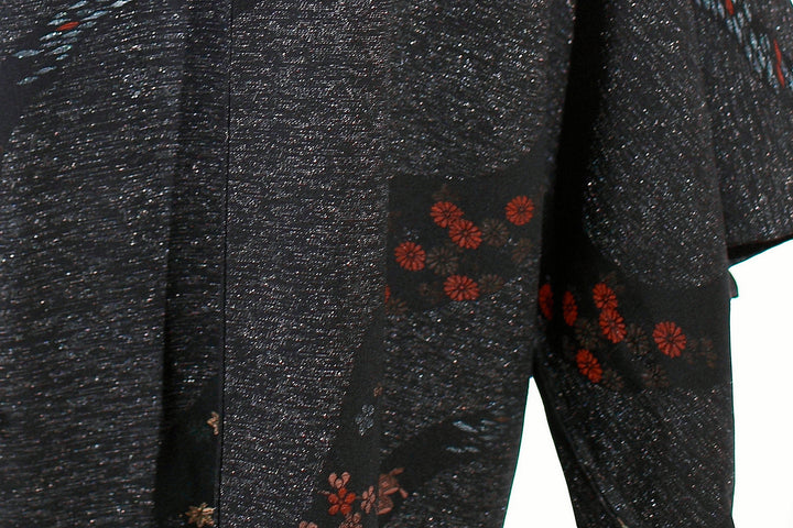 Elegant Vintage Black Silk Kimono Haori Jacket with With Lame' And Urushi Threads Flower Motifs