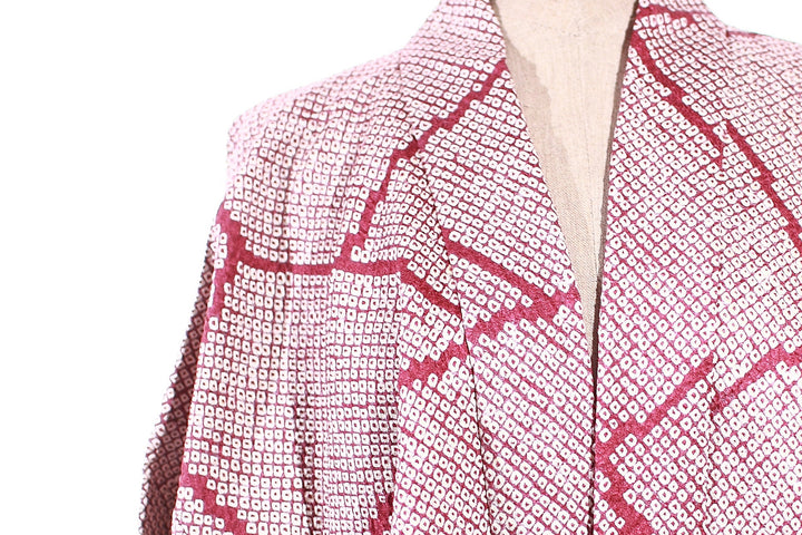 Vintage Japanese Shibori Haori Jacket - Cherry Blossom Grid Pattern in Red and White