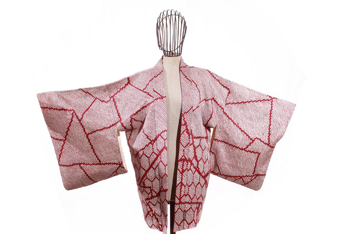 Vintage Japanese Shibori Haori Jacket - Cherry Blossom Grid Pattern in Red and White