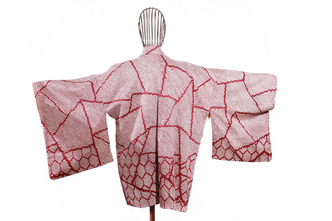 Vintage Japanese Shibori Haori Jacket - Cherry Blossom Grid Pattern in Red and White