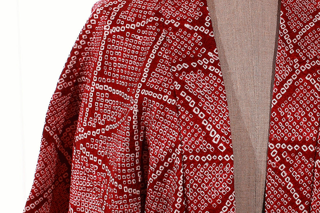 Traditional Shibori Dyed Red Haori Kimono Jacket with Geometric Patterns