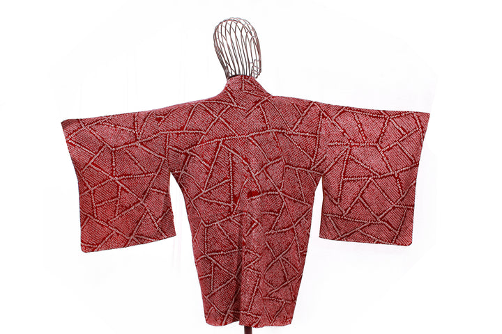 Traditional Shibori Dyed Red Haori Kimono Jacket with Geometric Patterns