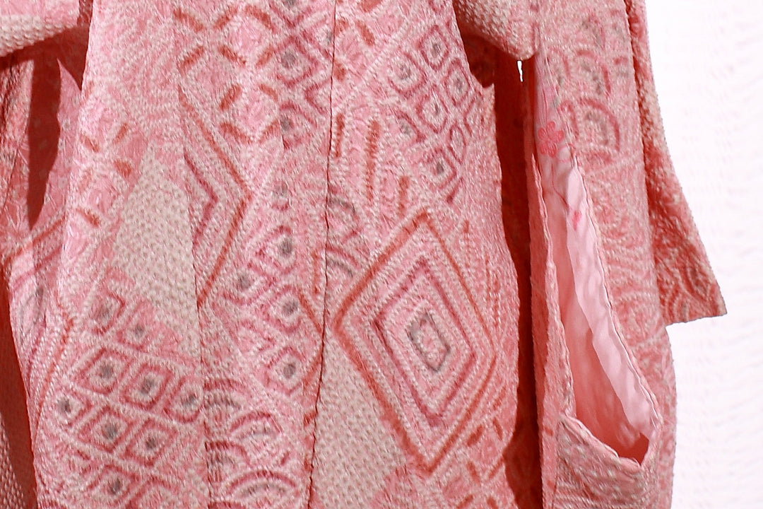 Vintage Pink Shibori Haori Kimono Jacket with Geometric Patterns