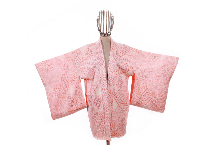 Vintage Pink Shibori Haori Kimono Jacket with Geometric Patterns