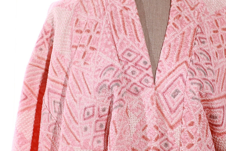 Vintage Pink Shibori Haori Kimono Jacket with Geometric Patterns