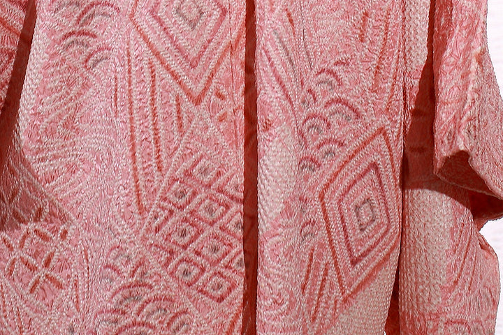 Vintage Pink Shibori Haori Kimono Jacket with Geometric Patterns