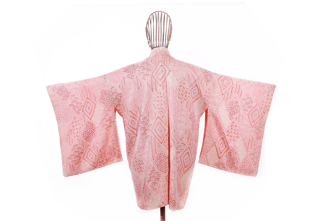 Vintage Pink Shibori Haori Kimono Jacket with Geometric Patterns