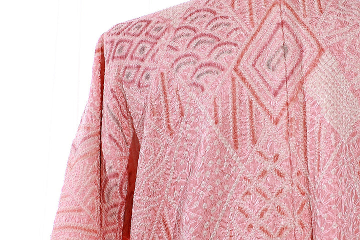 Vintage Pink Shibori Haori Kimono Jacket with Geometric Patterns