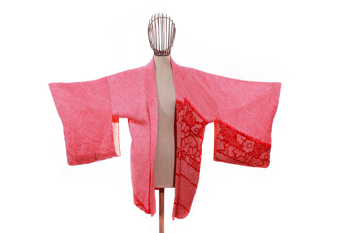 Vintage Red Shibori Haori Kimono Jacket with Floral and Geometric Accents