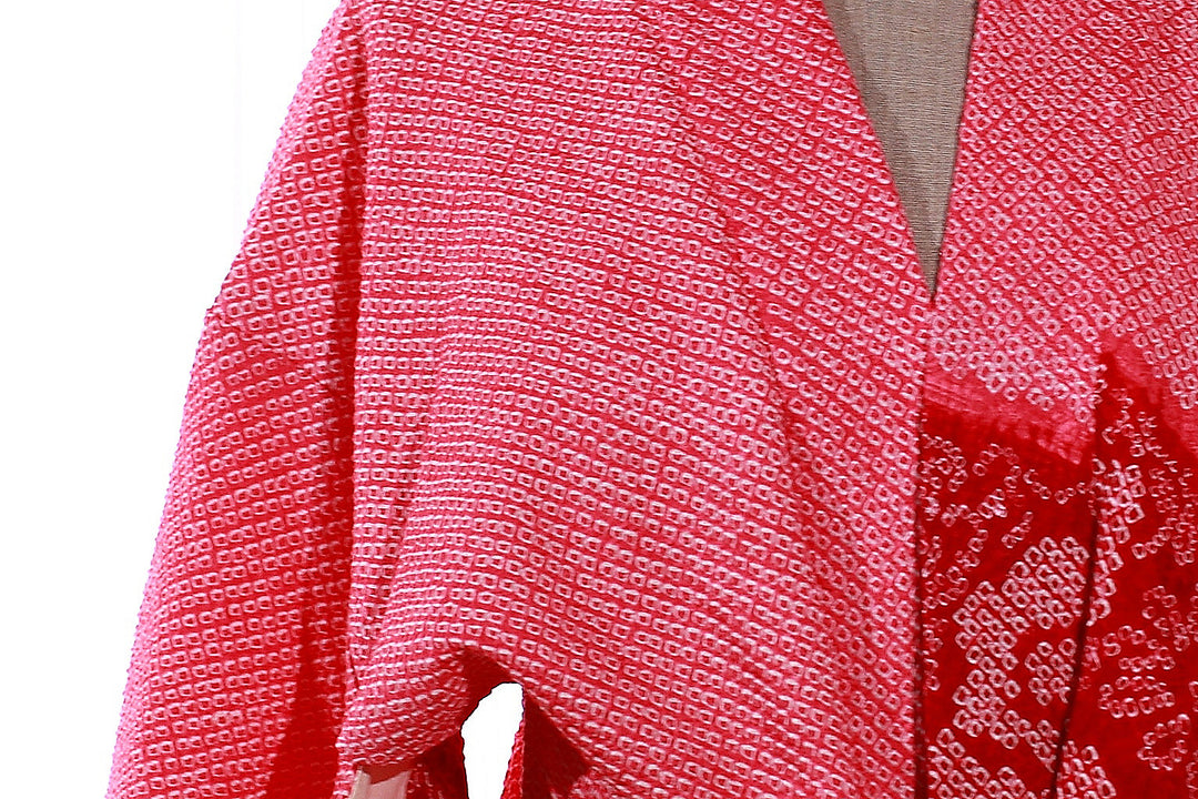 Vintage Red Shibori Haori Kimono Jacket with Floral and Geometric Accents