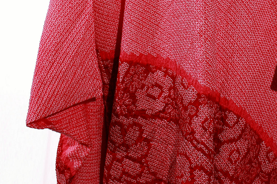 Vintage Red Shibori Haori Kimono Jacket with Floral and Geometric Accents