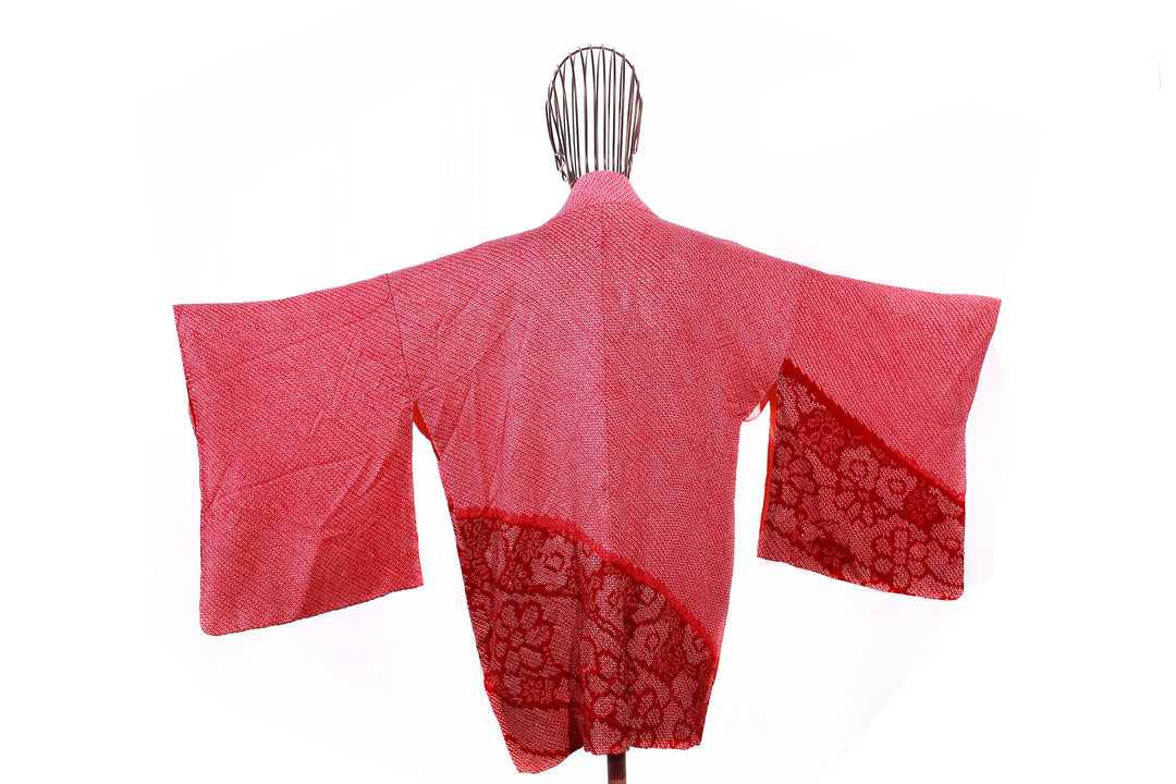 Vintage Red Shibori Haori Kimono Jacket with Floral and Geometric Accents