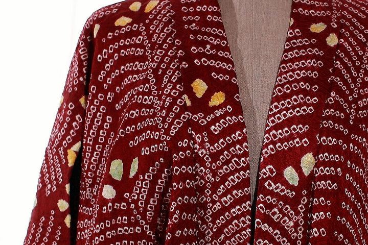 Vintage Maroon Shibori Haori Kimono Jacket with Feather Motif and Multi-Color Accents