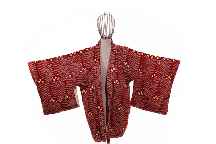 Vintage Maroon Shibori Haori Kimono Jacket with Feather Motif and Multi-Color Accents