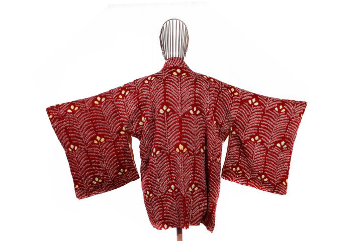 Vintage Maroon Shibori Haori Kimono Jacket with Feather Motif and Multi-Color Accents