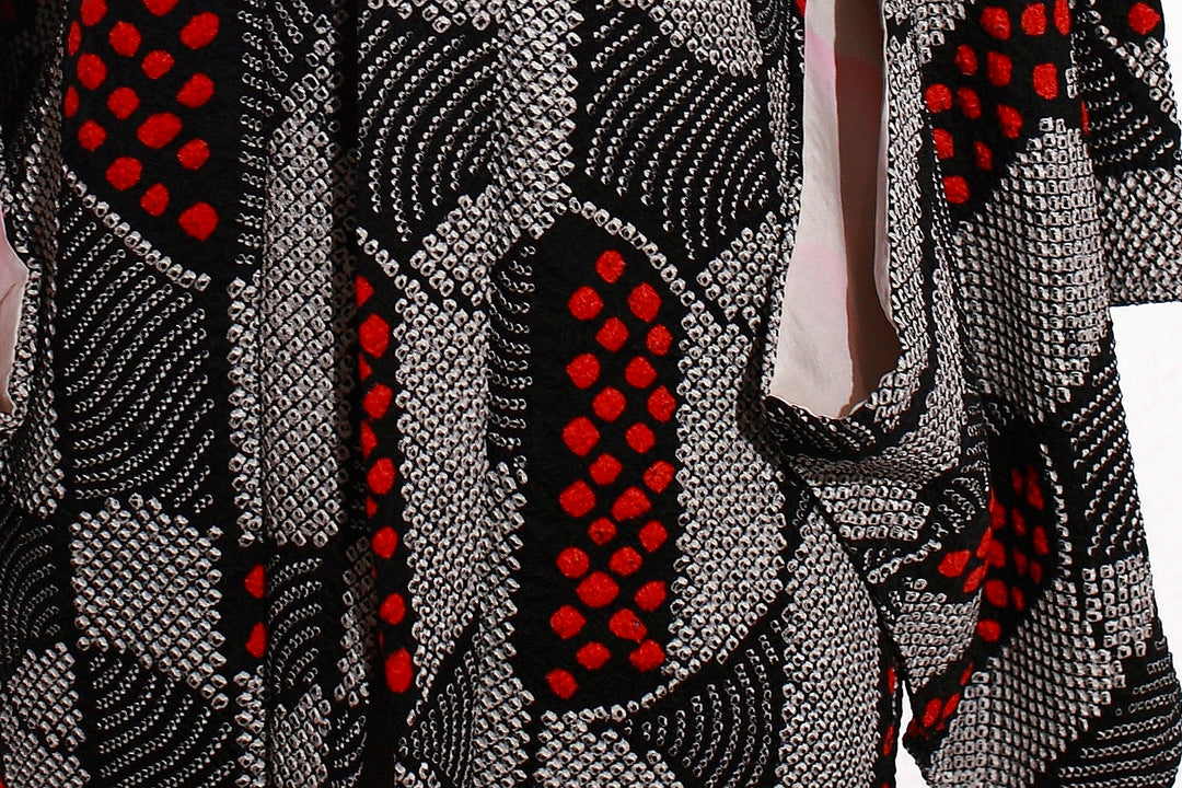 Vintage Black and Red Shibori Haori Kimono Jacket with Geometric and Dot Patterns