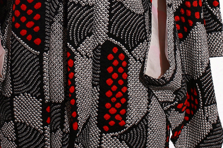 Vintage Black and Red Shibori Haori Kimono Jacket with Geometric and Dot Patterns