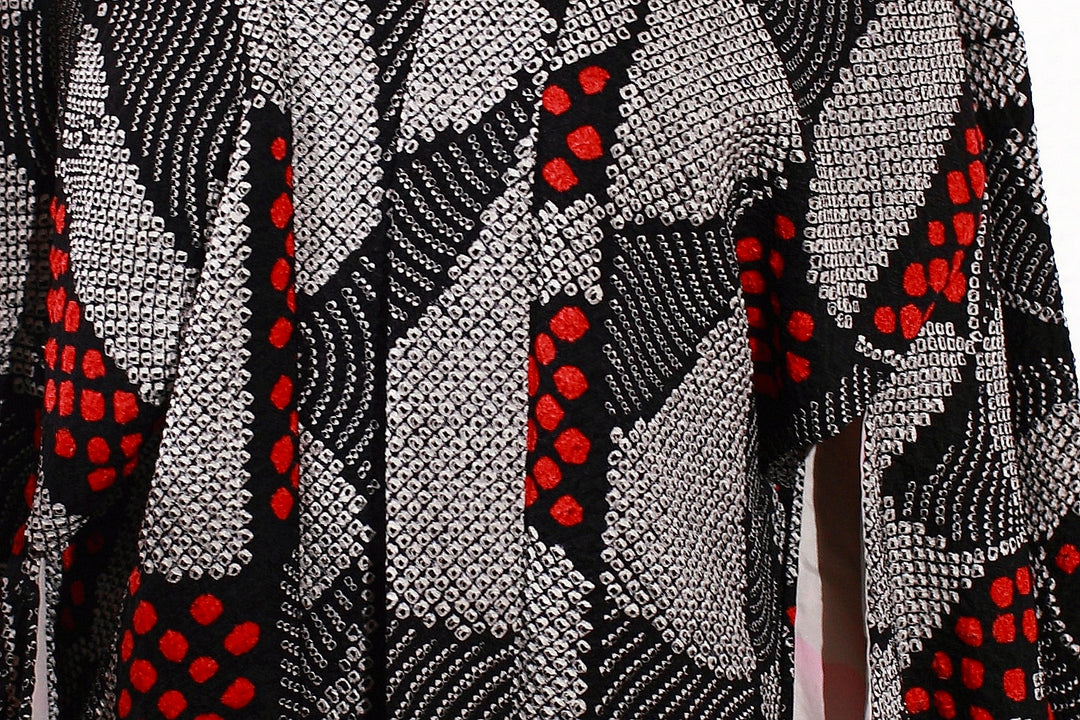 Vintage Black and Red Shibori Haori Kimono Jacket with Geometric and Dot Patterns