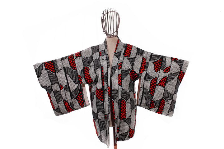 Vintage Black and Red Shibori Haori Kimono Jacket with Geometric and Dot Patterns