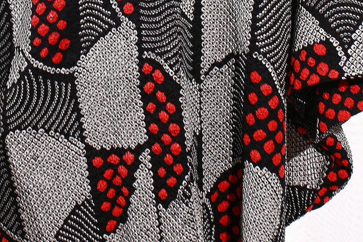 Vintage Black and Red Shibori Haori Kimono Jacket with Geometric and Dot Patterns