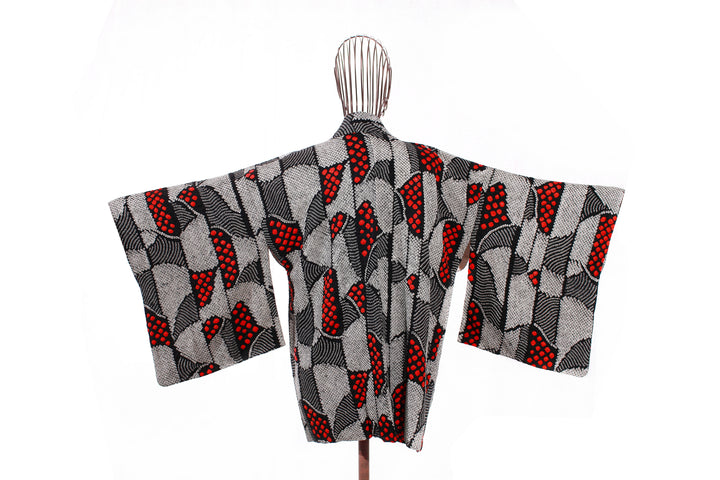 Vintage Black and Red Shibori Haori Kimono Jacket with Geometric and Dot Patterns