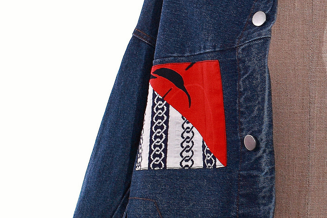 Versatile Handcrafted Patchwork Denim Jacket with Japanese Vintage Textile Accents