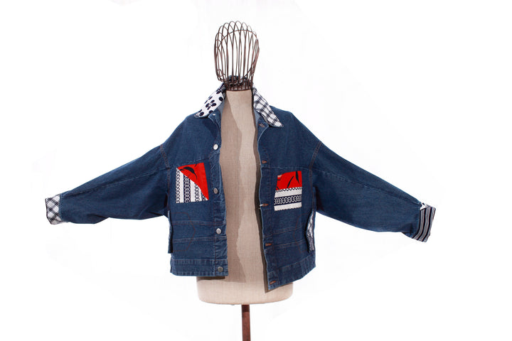 Versatile Handcrafted Patchwork Denim Jacket with Japanese Vintage Textile Accents