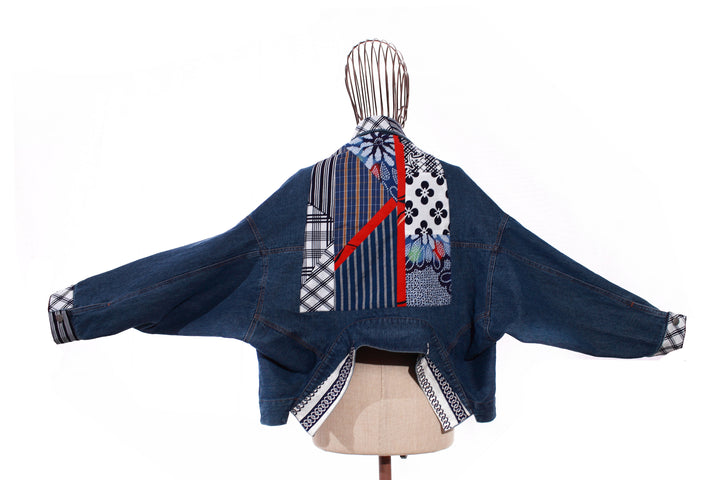 Versatile Handcrafted Patchwork Denim Jacket with Japanese Vintage Textile Accents