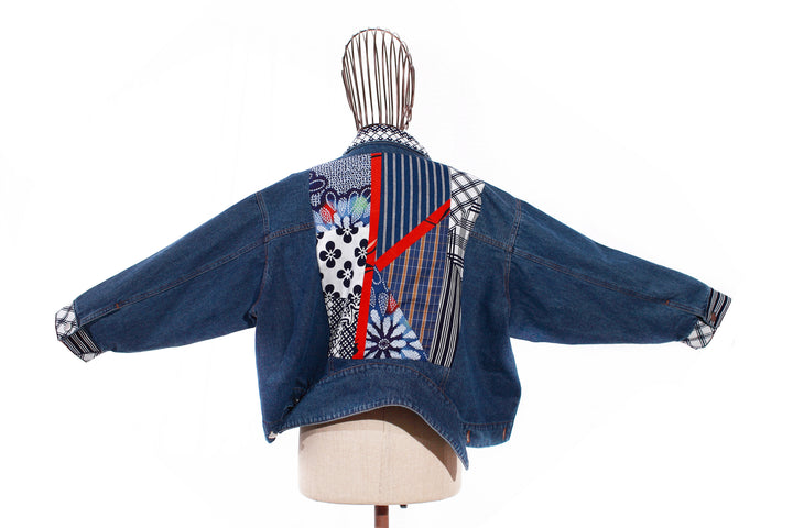 Versatile Handcrafted Patchwork Denim Jacket with Japanese Vintage Textile Accents