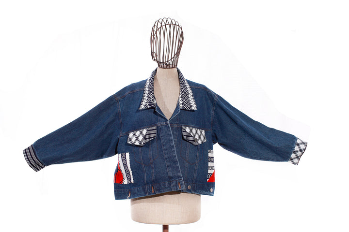 Versatile Handcrafted Patchwork Denim Jacket with Japanese Vintage Textile Accents