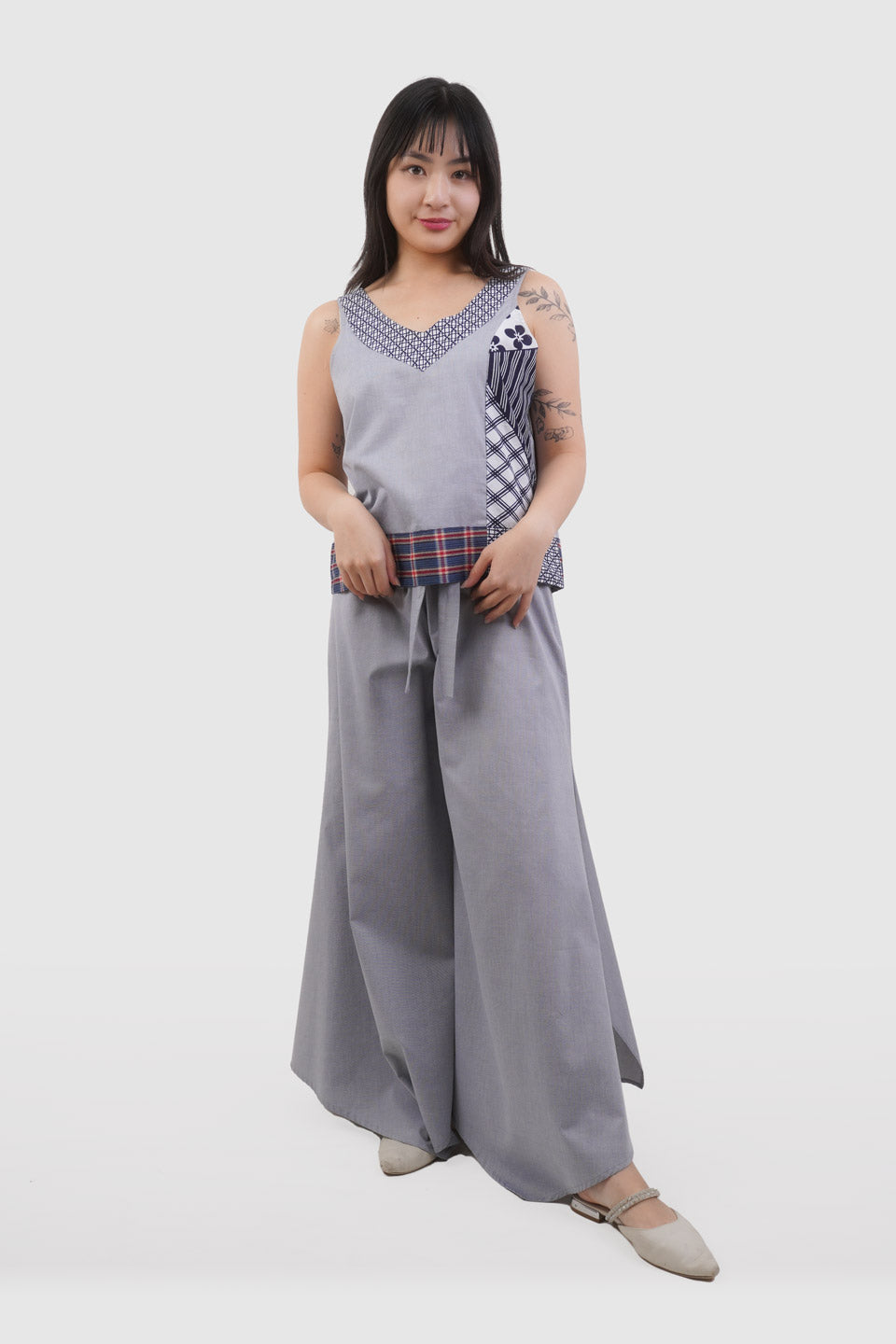 Light Grey Cotton Sleeveless Shirt & Patchwork Designs Trousers Set | Ada & Asami