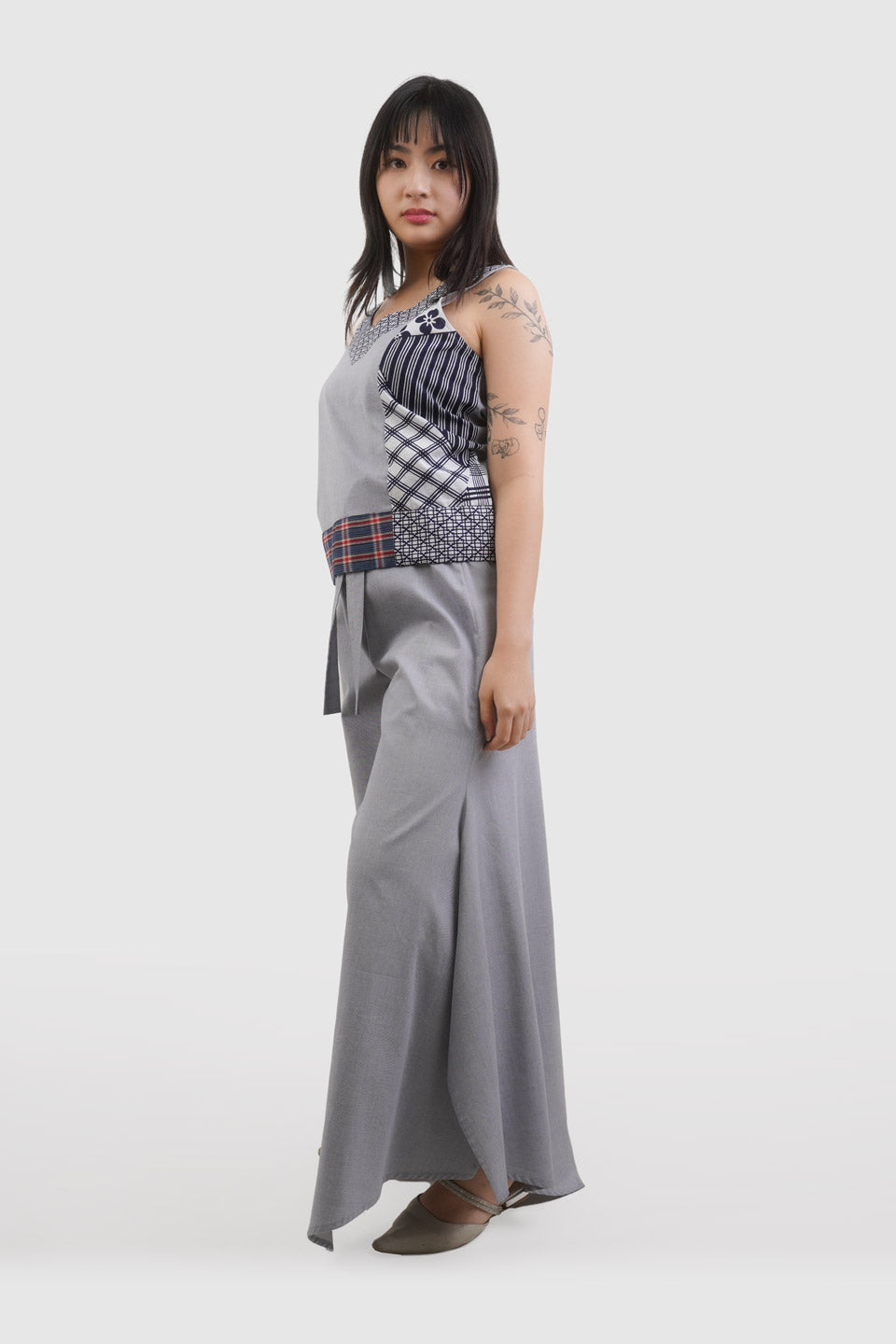 Light Grey Cotton Sleeveless Shirt & Patchwork Designs Trousers Set | Ada & Asami