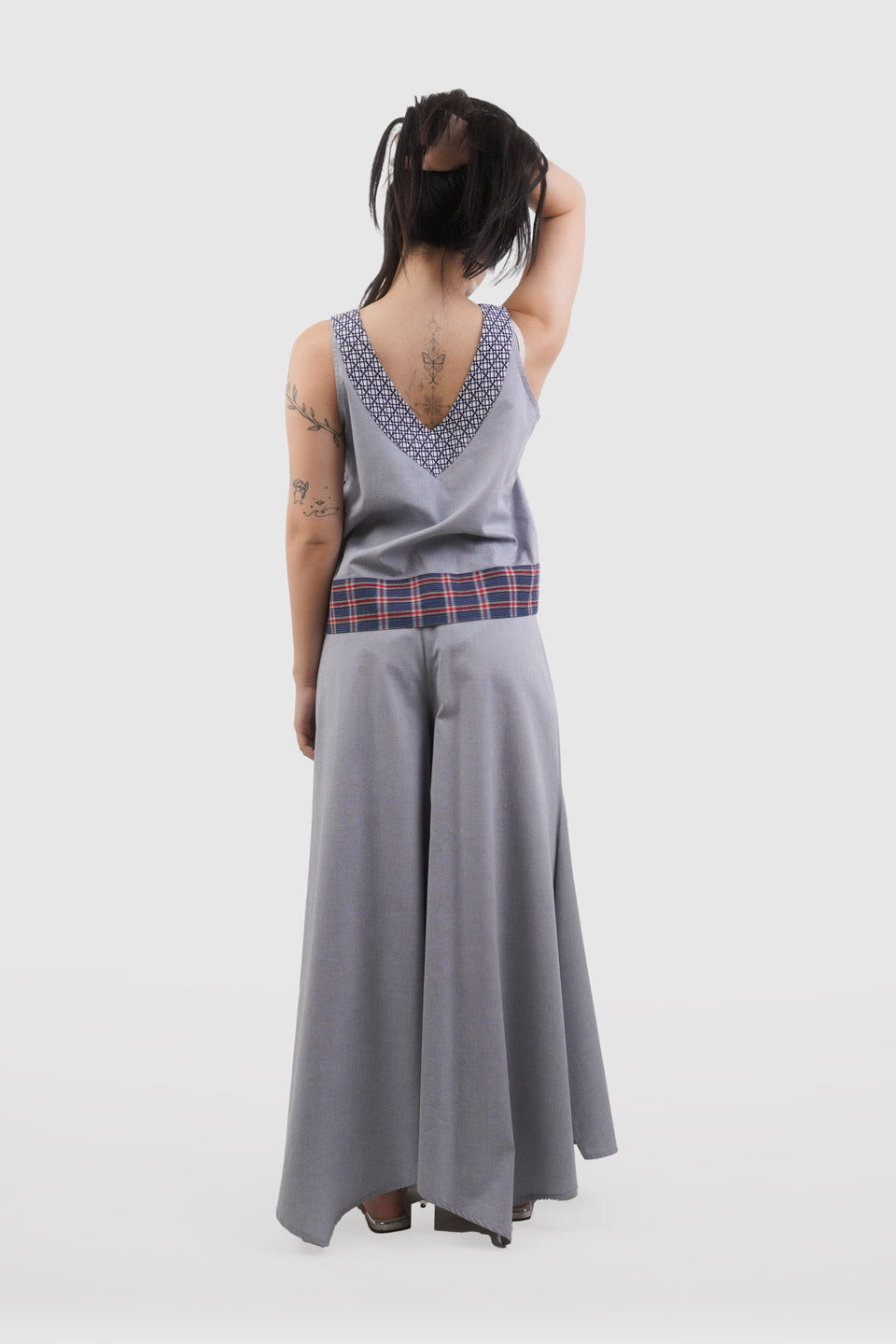 Light Grey Cotton Sleeveless Shirt & Patchwork Designs Trousers Set | Ada & Asami